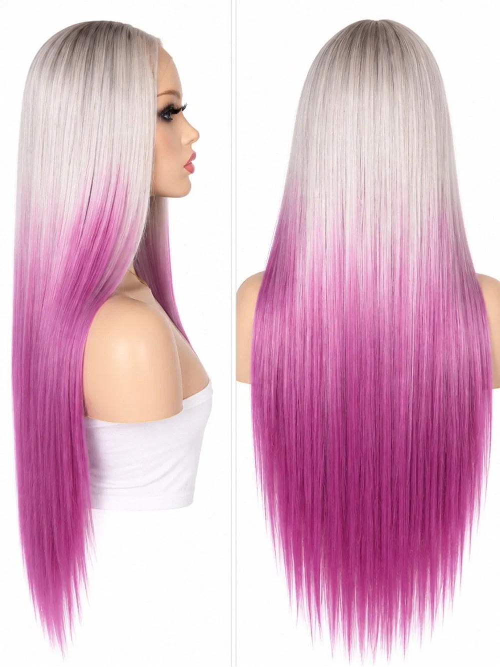 Long Straight Platinum to Vibrant Pink Ombre Wig - Women's Fashion Hair 26 inch